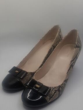 Cole Haan Snake-Print Wedge Flats with Black Patent Toe and Bow